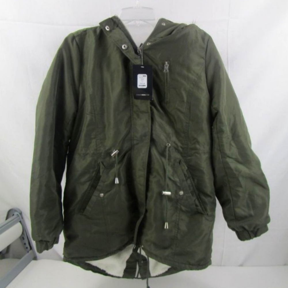 Fashion Nova Women's Green Coat hooded Jacket SZ medium m Keep Me Hot fur